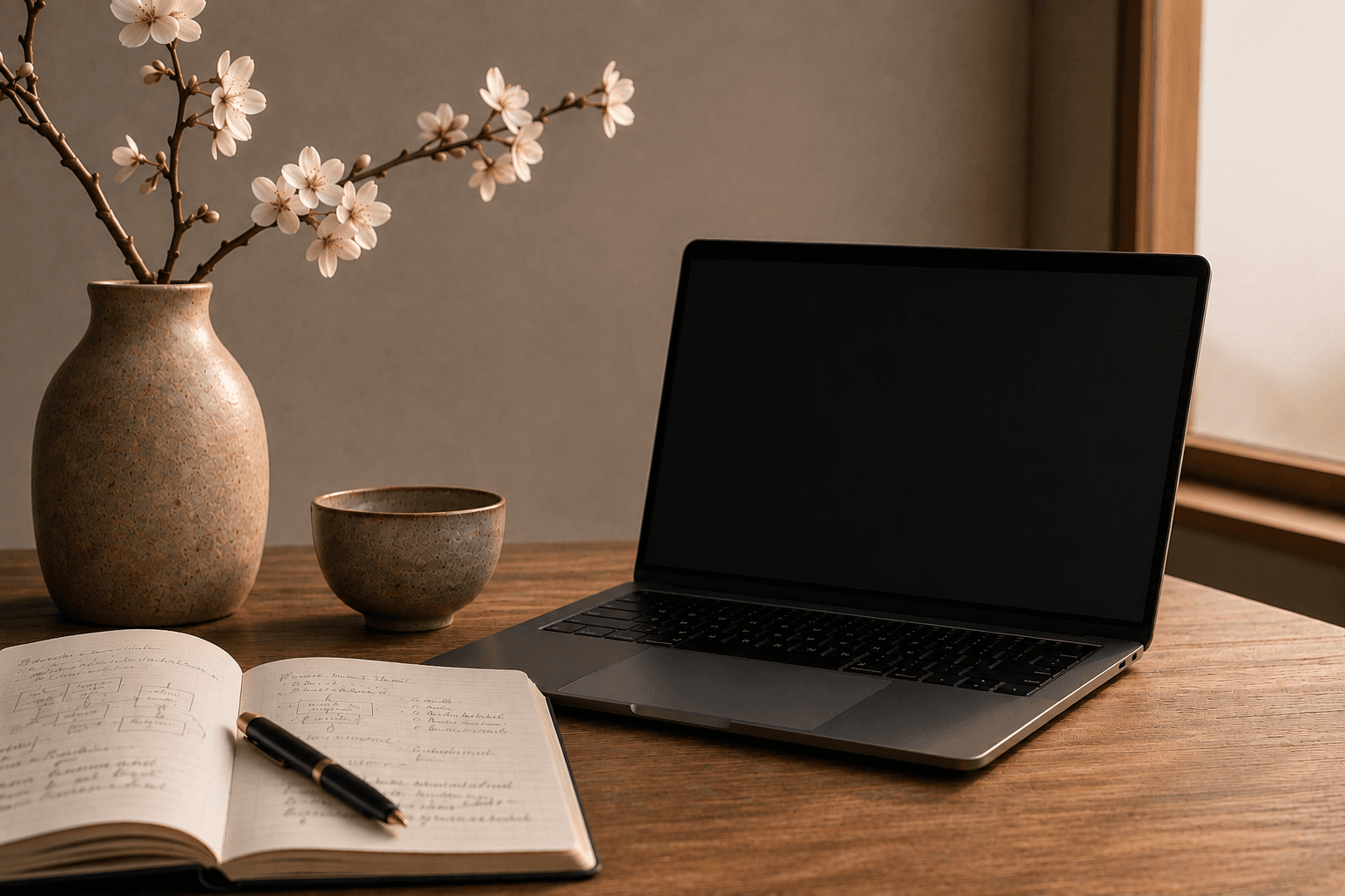 A laptop, open notebook, and ceramics on a wooden desk in warm window light